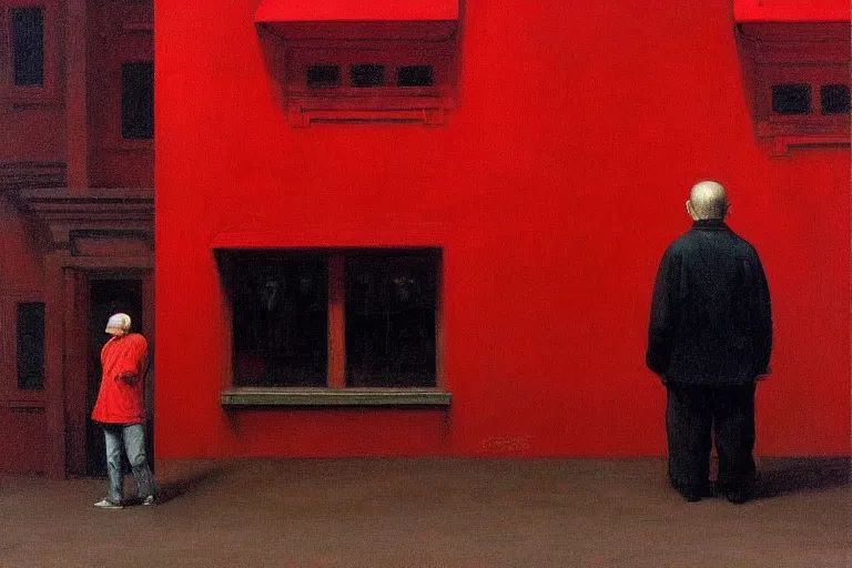 Image similar to only with red, a red old man try to sell a portrait, cheering crowd, in a old city square, in the style of beksinski, parts by edward hopper, parts by rodcenko, parts by yue minjun, intricate and epic composition, red by caravaggio, insanely quality, highly detailed, masterpiece, red light, artstation, 4 k