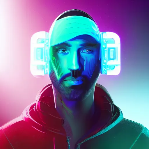 Image similar to a portrait of an ultradetailed futuristic male cyberpunk wearing a hoodie on his head, bearded, deep blue eyes, by dylan kowalski, 8 k, purple neon colours, digital painting, trending on artstation