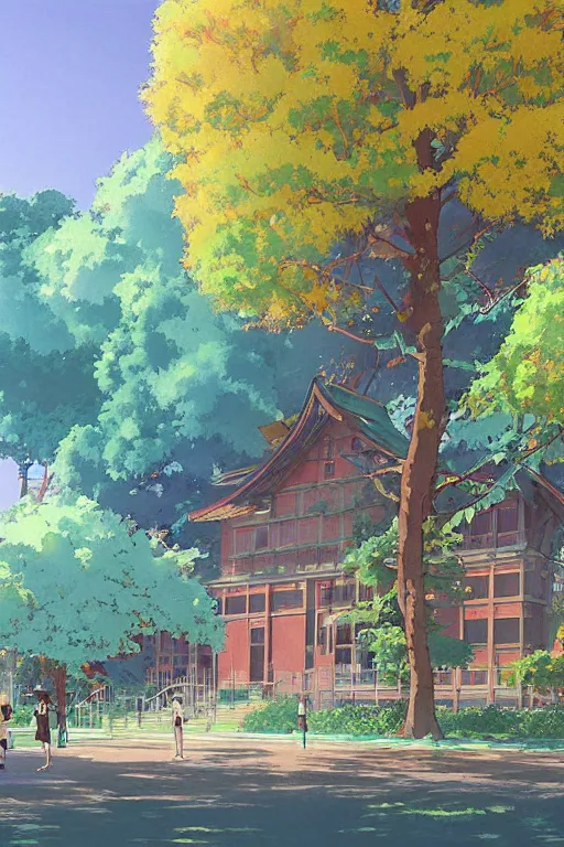 Image similar to a colorful high school building with beautiful trees, morning, by studio ghibli painting, superior quality, masterpiece, traditional Japanese colors, by Grzegorz Rutkowski, concept art