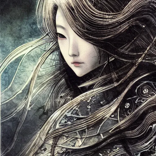 Image similar to yoshitaka amano blurred and dreamy realistic illustration of a japanese woman with black eyes, wavy white hair fluttering in the wind wearing elden ring armor with engraving, abstract patterns in the background, satoshi kon anime, noisy film grain effect, highly detailed, renaissance oil painting, weird portrait angle, blurred lost edges, three quarter view