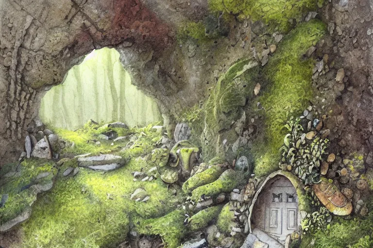 Image similar to closed door of a underground home in a cliff face, trees, moss, mushrooms, ferns, rocky sandy, dust swirling, small path up to door, soft light, james gurney, detailed watercolour, texture, 4k