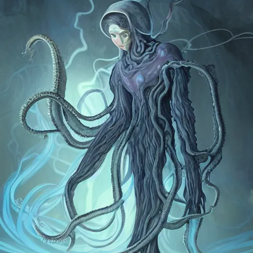 Prompt: concept designs for an ethereal wraith like figure with a squid like parasite latched onto its head and four long tentacle arms that flow lazily but gracefully at its sides like a jellyfish while it floats around a frozen rocky tundra in the snow searching for lost shiny trinkets and that hides amongst the shadows in the trees, this character has cryokinesis and umbrakinesis and electrokinesis for the resident evil village video game franchise with inspiration from the franchise Bloodborne and the mind flayer from stranger things on netflix in the style of a marvel comic with colors inspired by the black rock shooter anime