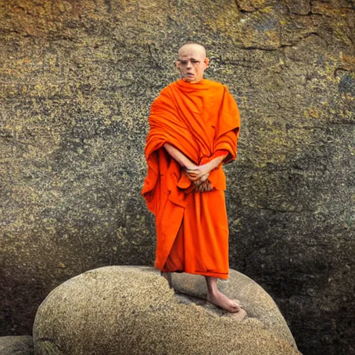 Image similar to slightly rusty robot monk in orange robes meditating in front of a worn stone shrine on a hilltop with wildflowers