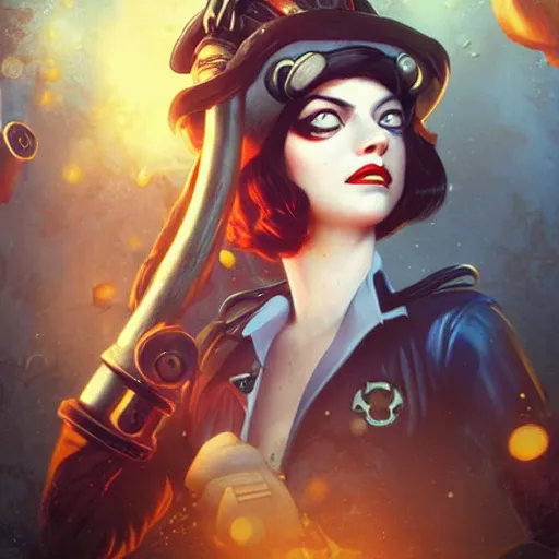 Image similar to underwater bioshock pirate captain portrait of emma stone, pixar style, by tristan eaton stanley artgerm and tom bagshaw.