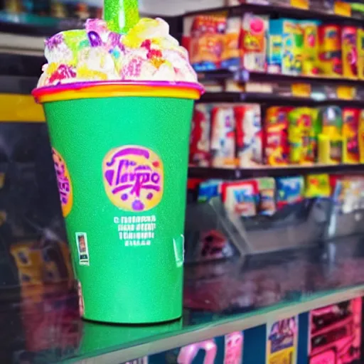 Image similar to a 7 eleven slurpee shaped like tge rapper vanilla ice