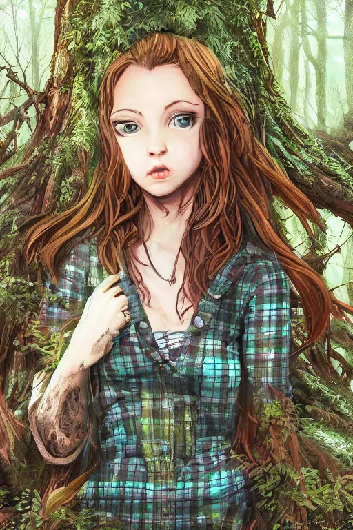 Prompt: sarah smith as a girl in a dark forest, detailed plaid miniskirt, beautiful upper body, detailed face portrait, by dan mumford, anime style, octane render, trending on artstation