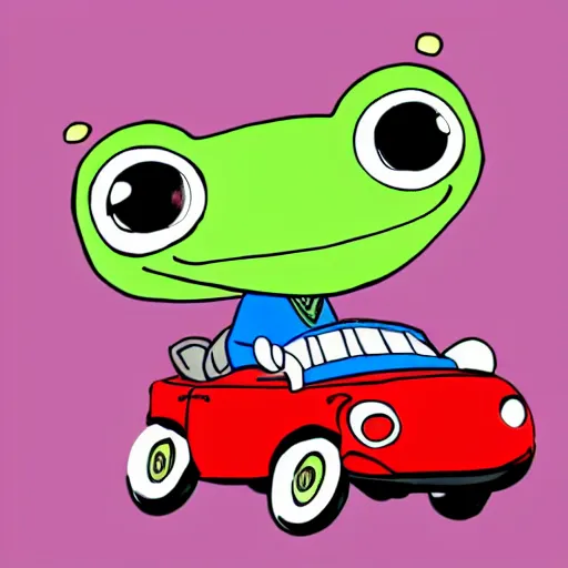 Prompt: cute chibi frog driving a red little cartoon car anime