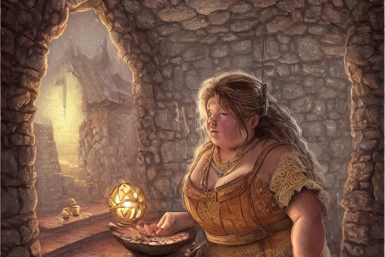 Prompt: A hearty chubby female dwarf royal servant at the dwarven stone palace, highly detailed face, neat intricate complex braided hair, big nose, realistic, beautiful, fantasy art, dungeons and dragons, lord of the rings, in the style of Thomas Kinkade and Wojciech Siudmak, pleasant cozy atmosphere, illustration, fantasy, intricate, hyper detailed, artstation, concept art, smooth, sharp focus, ray tracing, vibrant