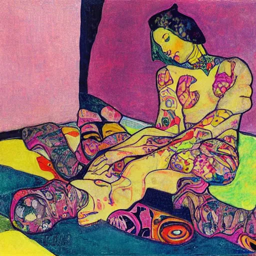 Image similar to rocker goth teen girl with black lace boots laying on her stomach on the floor, writing on a journal. 1970s colorful psychedelic bedroom. Trippy colors. Stylized. Egon schiele. Moscoso
