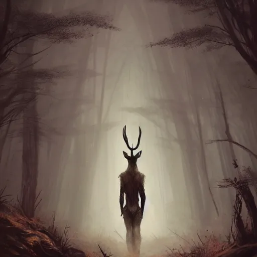 Prompt: anthropomorphic human deer monster in a dark moonlif forest, horror, highly detailed, by Greg Rutkowski, trending on artstation, 4k