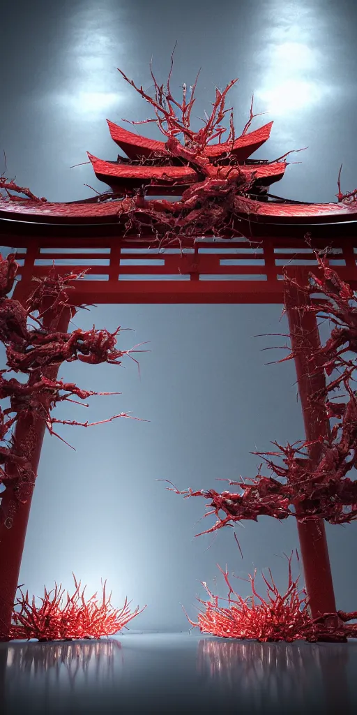 Image similar to 3 d photographic render of a torii gate sculpture, fractal chrometype, made of liquid metal, neotribal with thorns and thunders, cyberpunk japanese temple, raytraced, hyper realistic, volumetric lightning, 8 k, by zhelong xu, ouchh and and innate studio