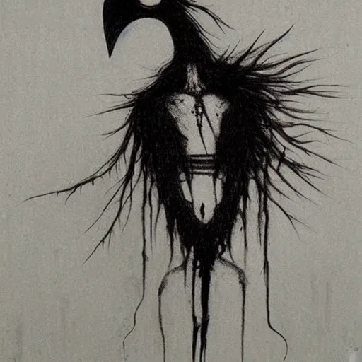 Image similar to grunge drawing of a crow by - Zdzisław Beksiński , corpse bride style, horror themed, detailed, elegant, intricate