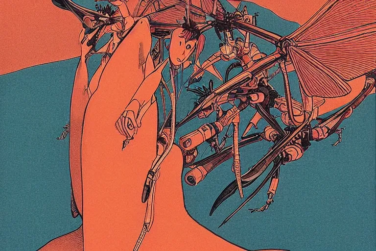 Image similar to gigantic dragonflies with human faces catch tiny robots, a lot of exotic mechas robots around, human heads everywhere, risograph by kawase hasui, edward hopper, satoshi kon and moebius, colorful flat surreal design, super - detailed, a lot of tiny details, fullshot