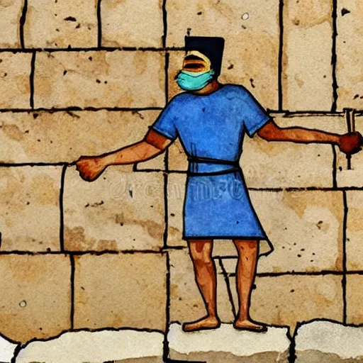 Image similar to award winning cinematic still of 40 year old Mediterranean skinned man in ancient Canaanite clothing building a broken wall in Jerusalem, ink and color watercolor in the style of a 2022 modern illustration