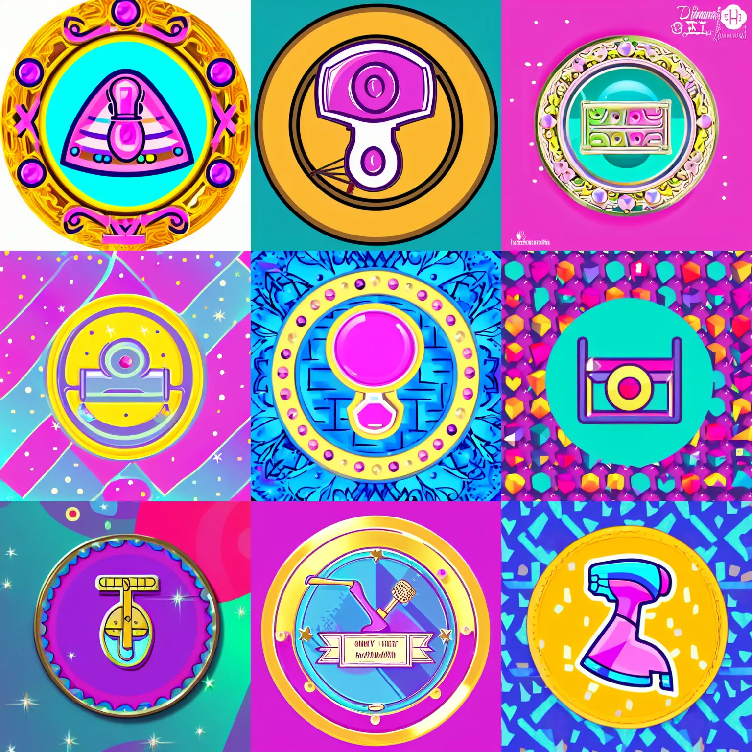 Prompt: 🔨!!!!!!!!!!!!!!!! girly hammer icon designed by lisa frank, vector graphics forum badge, svg, symmetrical, transparent background, cute, metal, enamel, cloissonne, vintage, guilloche, gem stones, gilt, swarovski, circular