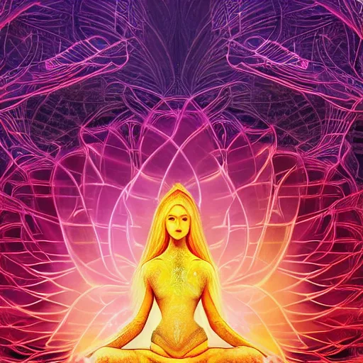 Image similar to glowing cracks, elven princess, meditating, peaceful, levitating, powerful, blossoming, lotus pose, zen, glowing, fractal background, ascending, detailed, realistic, digital art, fantasy, trending on artstation, cinematic, movie clip, visionary art, intricate pattern, subtle pattern, detailed texture, fractal texture, flowing, engraved texture, sacred geometry pattern, symmetry, perfect, perfect face, facial beauty, pretty, attractive, by peter morhbacher, dmt temple, godlike, pearlescent, matte painting, highly detailed painting, light, light being, feathered, smooth, radial color dispersion, color dispersion