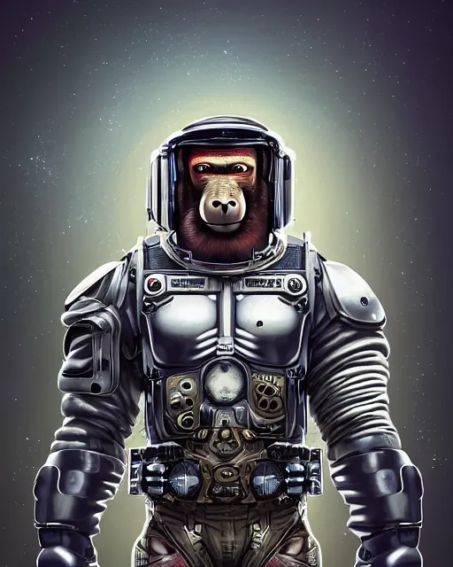 Image similar to a portrait of a muscular anthropomorphic cyberpunk baboon in spacesuit armor with ensignia on chest plate by sandra chevrier, by jon foster, detailed render, pistol in holster, extremely hyperdetailed, tape deck, epic composition, cybernetics, 4 k realistic, cryengine, realistic shaded lighting, sharp focus, masterpiece, by enki bilal