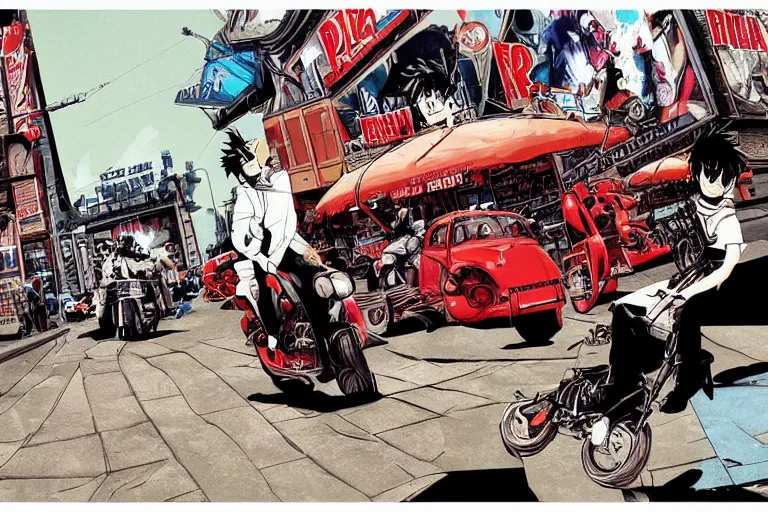 Image similar to pizza restaurant, akira's motorcycle, gorillaz, poster, high quality