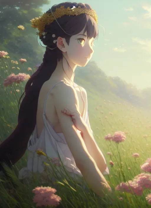 Image similar to a film still portrait of nymph girl with crown of flowers, finely detailed features, perfect art, trending on pixiv fanbox, painted by greg rutkowski makoto shinkai takashi takeuchi studio ghibli, akihiko yoshida,