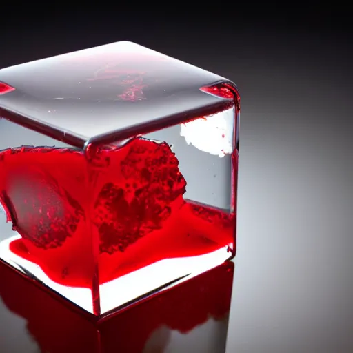 Image similar to transparent cube half filled with turbulent red liquid inside in a transparent twisted sphere