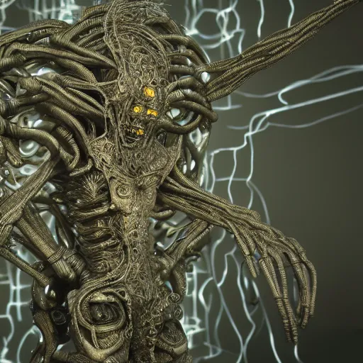 Image similar to cybernetic deity with networked mind tripping on acid, intricate detail, lovecraft, royo, whealan, giger, klimt, hd, octane render, unreal engine,