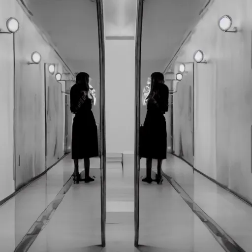 Image similar to a beautiful woman is frightened by her ugly doppleganger in a mirror. she is in a long hallway of mirrors. haunting atmosphere, dimly lit, dark, horror style, realistic, 3 5 mm lens, low angle, 3 / 4 view.