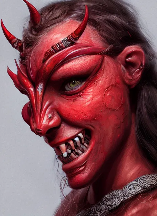 Prompt: red skin, Tiefling , smiling, beautiful detailed eyes, cute, fantasy, intricate, elegant, highly detailed, digital painting, 4k, HDR, concept art, detailed jewelry, smooth, sharp focus, illustration, by Eric Deschamps