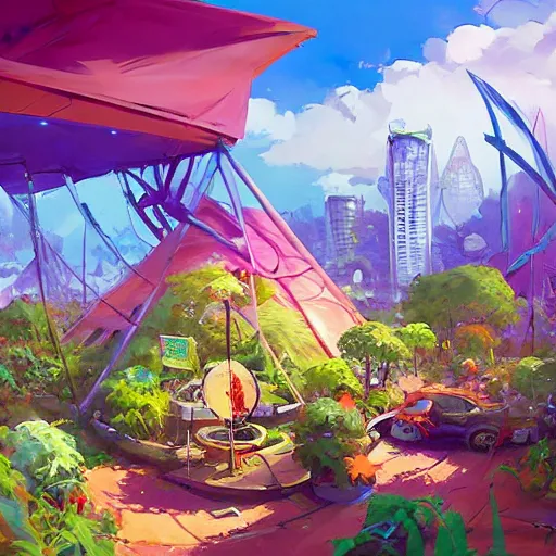 Image similar to hippie bohemian encampment with tie - dye tents and a garden with solar panels. a futuristic city in the distance. art by jesper ejsing, by rhads and tyler edlin, cgsociety, panfuturism, dystopian, bold colors, digital art, cyberpunk, expressive brushstrokes. anime aesthetic