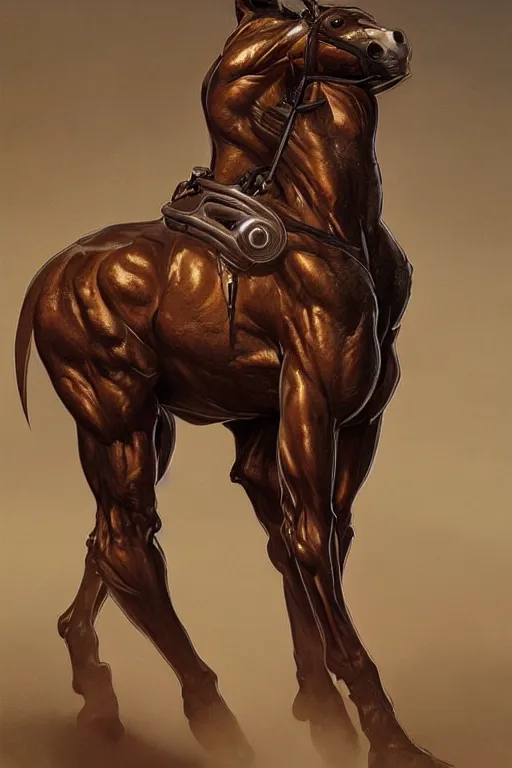 Image similar to portrait of hulking anthro horse whose physique is bursting with muscle wearing a tactical bodysuit, glowing tubes inserted into flesh, test subject, full body, sci - fi, highly detailed, digital painting, artstation, concept art, sharp focus, illustration, art by artgerm and greg rutkowski and alphonse mucha