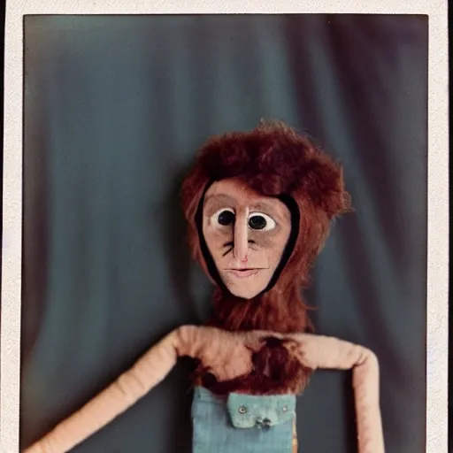 Image similar to a puppet made of human hair, old photo, expired color film, damaged photo, 1975