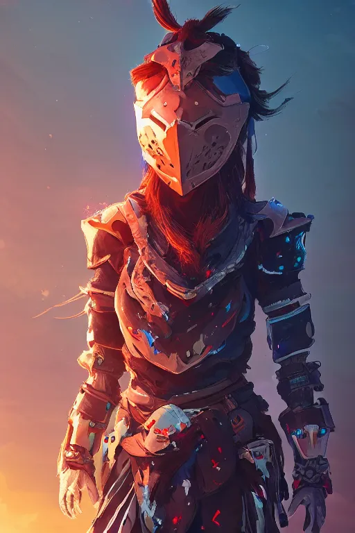 Image similar to combination suit armor aloy horizon forbidden west horizon zero dawn radiating a glowing aura global illumination ray tracing hdr fanart arstation by ian pesty and alena aenami artworks in 4 k tribal robot ninja mask helmet backpack