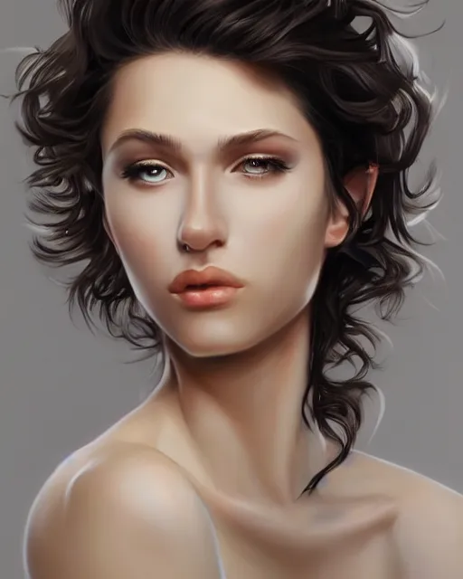 Image similar to portrait painting of an androgynous 2 2 year old with short dark curly hair and pale skin, artgerm, deviantart, artstation