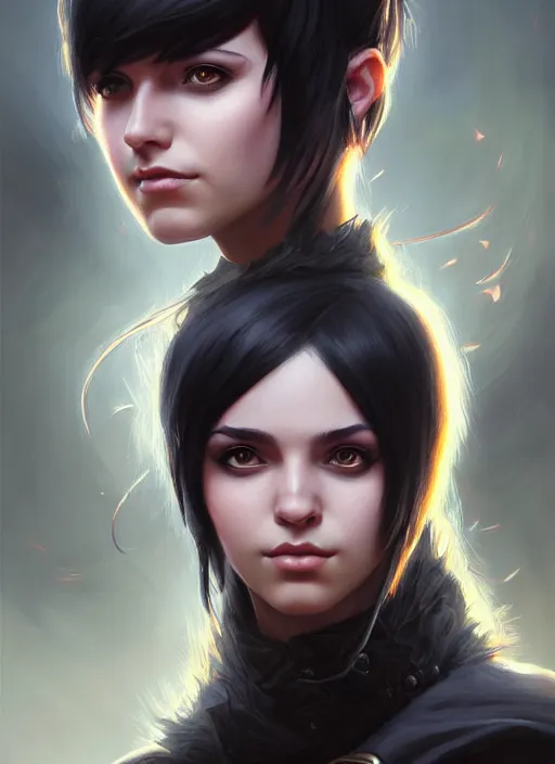 Image similar to a _ fantasy _ style _ portrait _ painting _ of young adult, black fringe hair, round face, rpg dnd oil _ painting _ unreal _ 5 _ daz. _ rpg _ portrait _ extremely _ detailed _ artgerm _ greg _ rutkowski _ greg