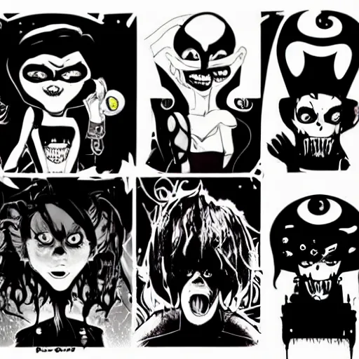 Image similar to psychic punk rocker vampiric electrifying rockstar with vampire squid head concept character designs of various shapes and sizes by genndy tartakovsky and splatoon by nintendo and the psychonauts franchise by doublefine tim shafer artists as well as the artist for the haunted mansion ride characters for the new hotel transylvania film