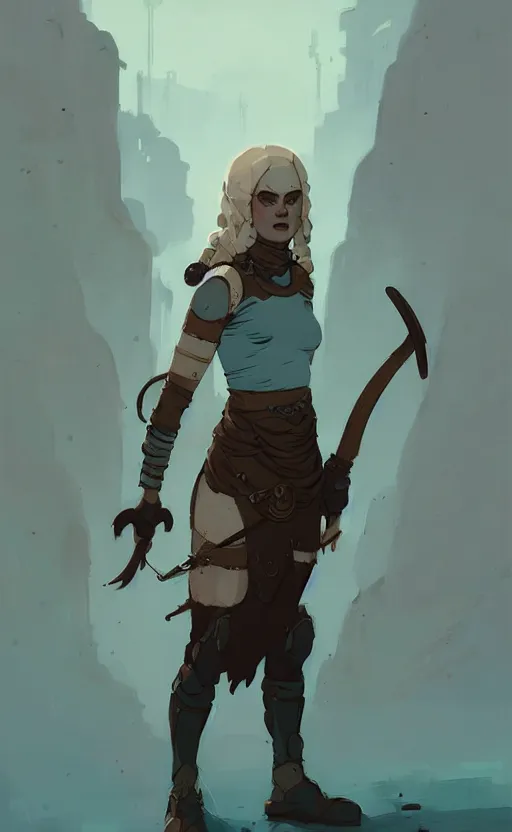 Prompt: female celtic warrior by atey ghailan, by greg rutkowski, by simon stalenhag, by greg tocchini, by james gilleard, by joe fenton, by kaethe butcher dynamic lighting, gradient light blue, brown, blonde cream and white color scheme, grunge aesthetic