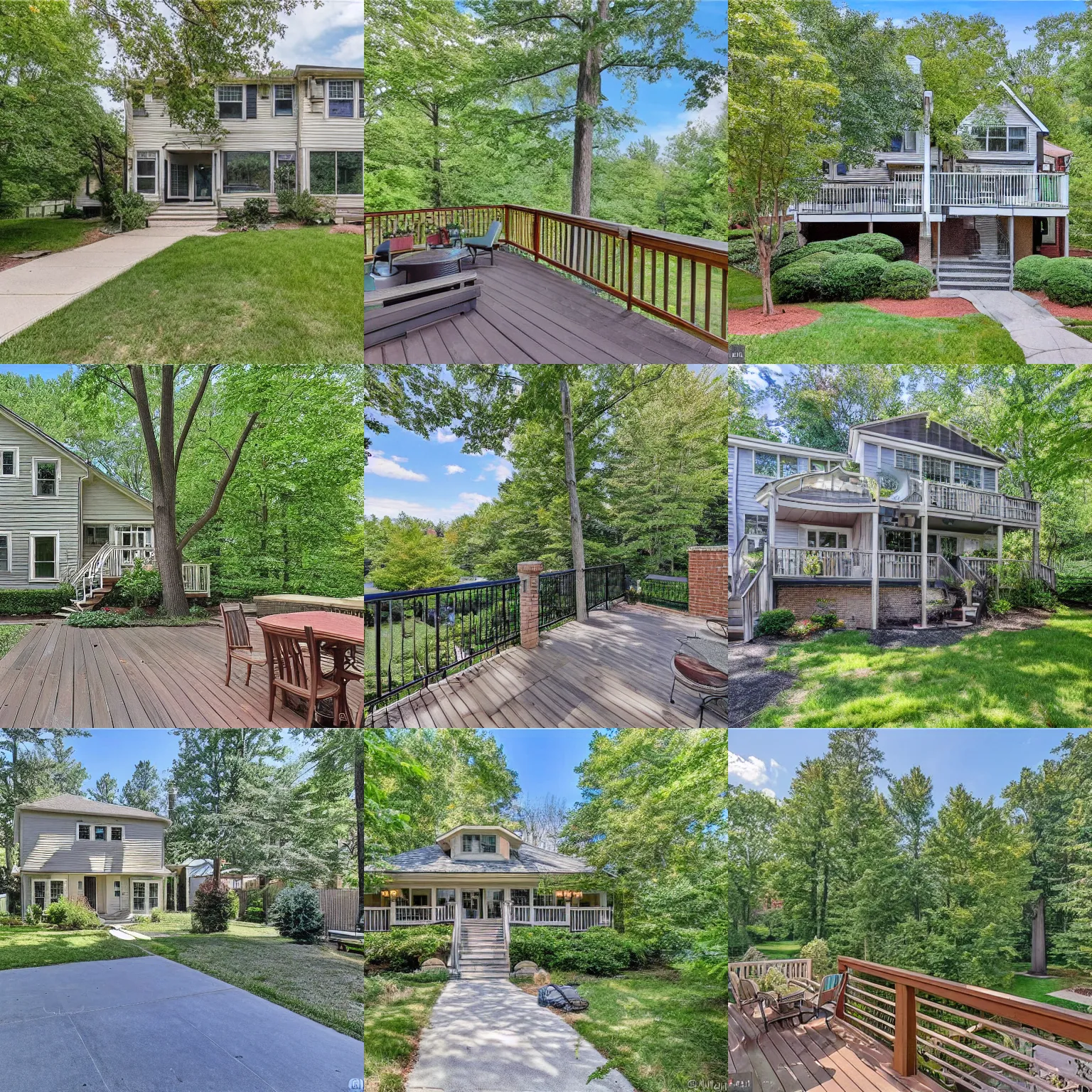 Prompt: multi-level deck overlooking the huge private, tree-lined backyard, offering a serene park-like setting. This beautiful home includes a great room with cozy floor-to-ceiling brick fireplace, large dining area with breakfast nook, spacious kitchen with ample cabinet and counter space, primary suite w/arched windows, vaulted ceilings and ensuite bathroom with double sinks and a full, unfinished walkout basement with workshop