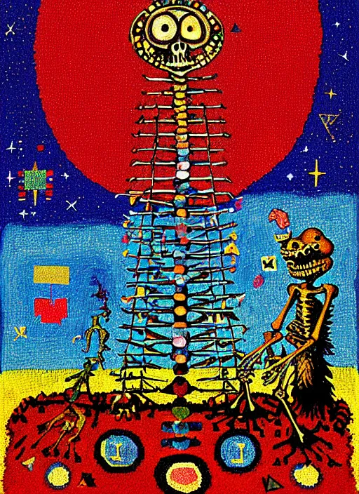 Image similar to pixel decollage painting tarot lovers card composition tower of babel road red armor maggot bear and wonky alien frog skeleton knight on a horse in a dark red cloudy night sky with golden foil jewish stars and diamonds, mountain lake and blossoming field in background, painted by Mark Rothko, Helen Frankenthaler, Danny Fox and Hilma af Klint, pixelated, neo expressionism, semi naive, pastel colors, cinematic, color field painting, cave painting, voxel, pop art look, outsider art, minimalistic. Bill Traylor painting, part by Philip Guston, Amano and Francis Bacon. art by Adrian Ghenie and Storm Thorgerson, very coherent symmetrical artwork, cinematic, hyper realism, high detail, octane render, unreal engine, Smooth gradients, depth of field, full body character drawing, extremely detailed, 8k, extreme detail, intricate detail, masterpiece