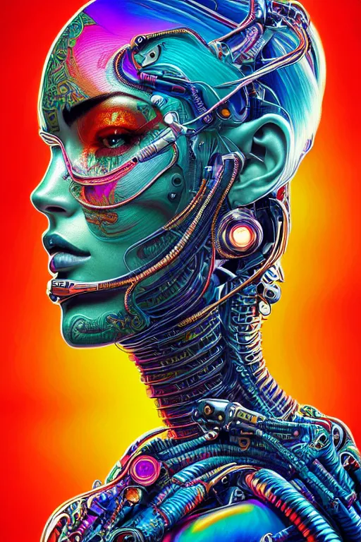 Prompt: Portrait of Megan Fox wearing epic bionic cyborg implants of different vibrant colors, detailed intricate ornate cables connected to head, portrait front face reference, by Dan Mumford and Naoto Hattori, extremely beautiful and proportionate, masterpiece, intricate, highly detailed, digital painting, Blade Runner, artstation, concept art, crepuscular rays, smooth, sharp focus, illustration, background made from fractals of vibrant universe stars, cyberpunk colors, volumetric lighting, art by artgerm and james jean and Nick Sullo