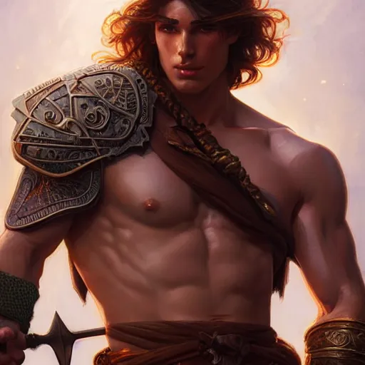 Image similar to portrait of a youthful male barbarian, handsome, toned, D&D, muscular, fantasy, intricate, elegant, highly detailed, digital painting, artstation, concept art, smooth, sharp focus, illustration, art by artgerm and greg rutkowski and alphonse mucha