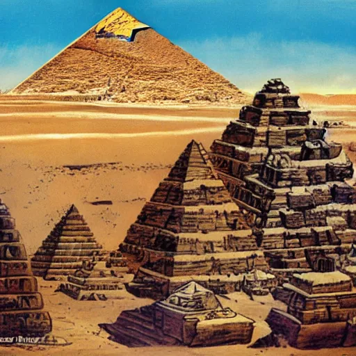 Image similar to aliens building the pyramids, old painting