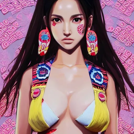 Prompt: a beautiful young japanese natalie portman alluring gravure model, stylized concept art, wearing big elaborate designer bomber jacket and one piece bikini, bomber jacket with mesoamerican patterns, mesoamerican native street fashion, princess mononoke, painted by ilya kuvshinov aesthetic, gorgeous, stunning, alluring, attractive, artstation, pinterest, digital art