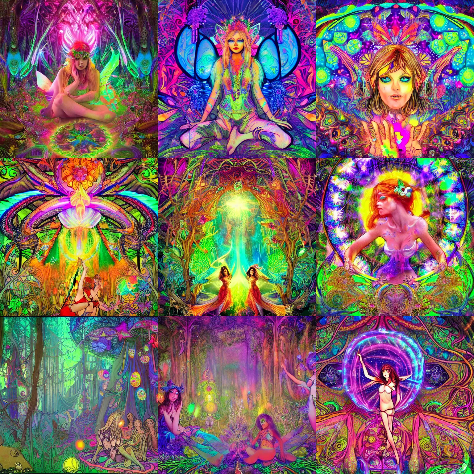 Prompt: psychedelic trance party in a magical forest, fairies, music, neon lights, smoke, wide angle shot, realistic, surrelaistic, mucha, lisa frank
