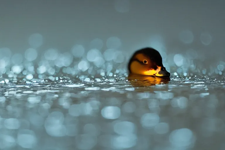 Prompt: a blurry image of a duck in the dark, water drops, orange light, a microscopic photo by ker - xavier roussel, featured on flickr, art photography, flickering light, macro photography, luminescence