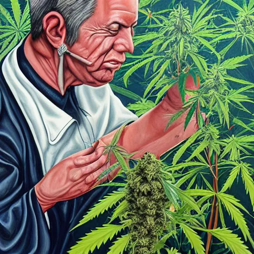 Image similar to alex gray painting of a man harvesting a cannabis plant