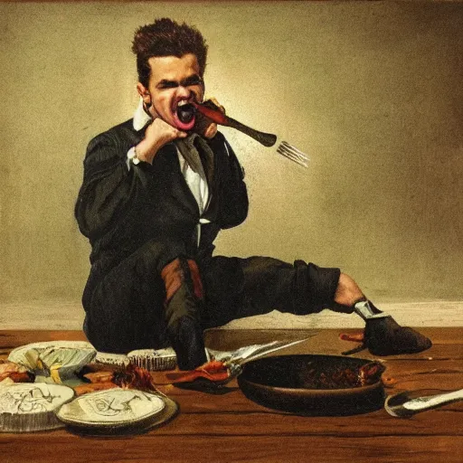 Image similar to the man eating a leqther boot with fork and knife