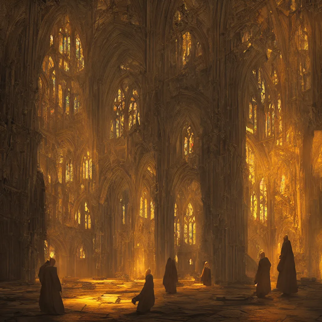 Prompt: Photorealistic strange dark monks perform a ritual in a ruined cathedral. Intense Colorful Light shines through stained glass windows. Ominous mist. occult photorealism, UHD, amazing depth, glowing, golden ratio, 3D octane cycle unreal engine 5, volumetric lighting, cinematic lighting, cgstation artstation concept art