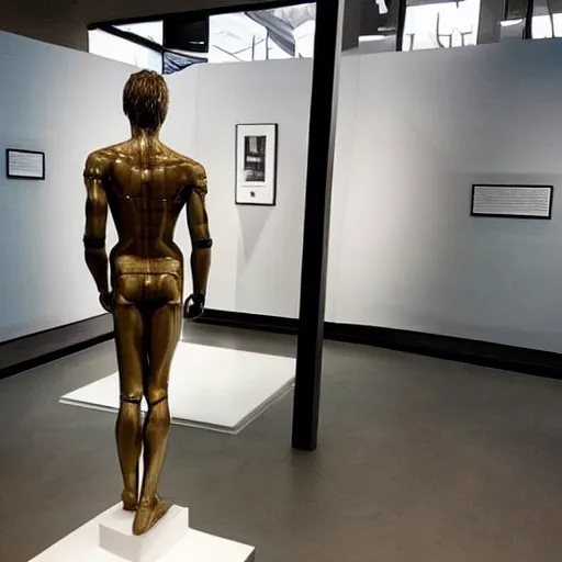 Image similar to “ a realistic detailed photo of a guy who is an attractive humanoid who is half robot and half humanoid, who is a male android, actor liam hemsworth, shiny skin, posing like a statue, blank stare, at the museum, on display ”