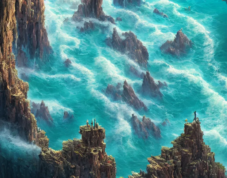 Image similar to fantasy painting of a cliff in the shape of a skull overseeing a vast ocean, complex, detailed, intricate abstract. delicate artwork. by Tooth Wu, wlop, beeple, dan mumford. octane render, trending on artstation, greg rutkowski very coherent symmetrical artwork. cinematic, hyper realism, high detail, octane render, 8k, depth of field, bokeh. chrome accents.