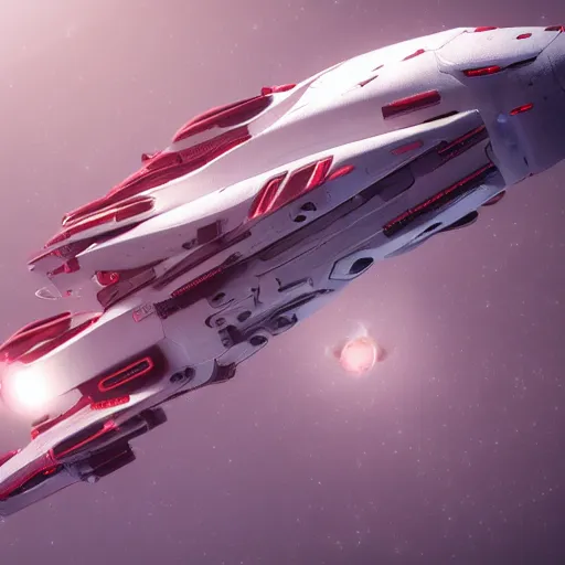 Image similar to two sleek white long intricate spacecraft with red details, no wings, highly detailed, photorealistic, cinematic, sci-fi, octane render, background of stars and galaxies