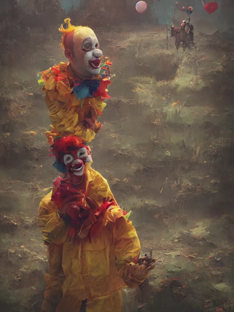 Image similar to a portrait of an helpless clown in a painting from stalenhag, 4 k, 8 k, hdr, artstation, concept art